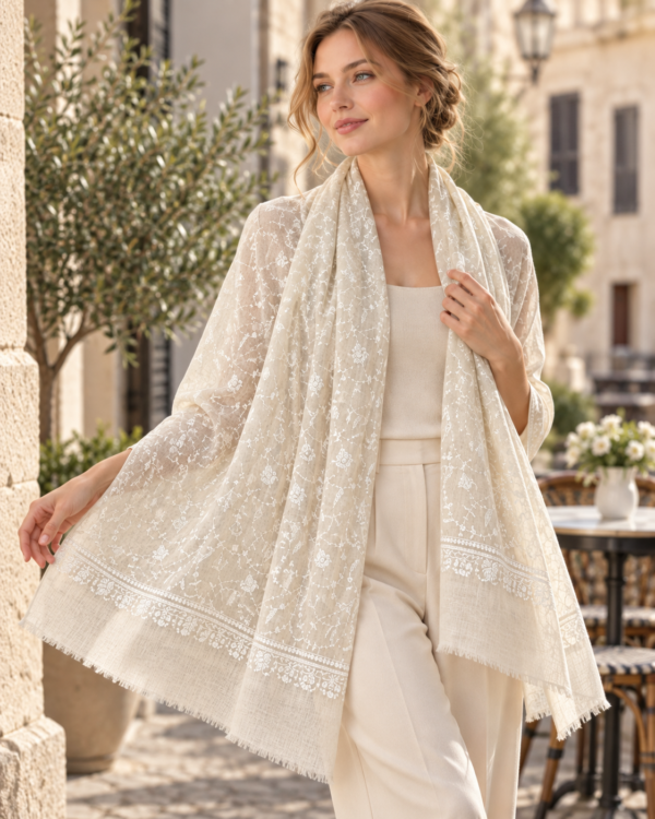 Jaldar Sozni Pashmina Stole — Light cream ivory