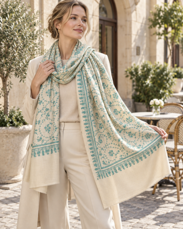 Jaldar Sozni Pashmina Stole — Ivory off-white