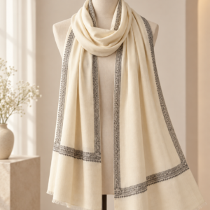 Hashidar Sozni Pashmina Stole — Natural off-white with black embroidery