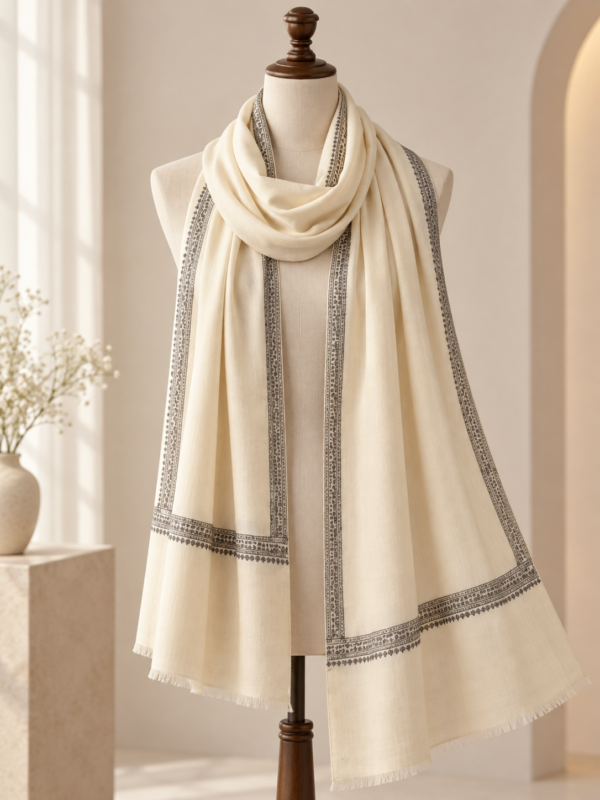 Hashidar Sozni Pashmina Stole — Natural off-white with black embroidery
