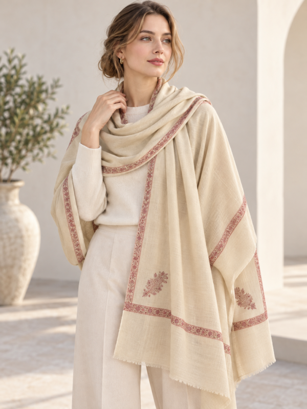 Hashidar Sozni Pashmina Stole — Natural off-white