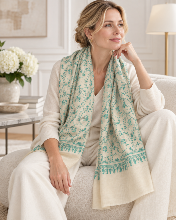 Jaldar Sozni Pashmina Stole — Ivory off-white
