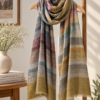 Baby Soft Special Pashmina Scarf — Multicolour stripe, olive green with grey, dusty mauve, muted blue and mustard on beige