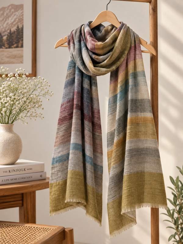 Baby Soft Special Pashmina Scarf — Multicolour stripe, olive green with grey, dusty mauve, muted blue and mustard on beige