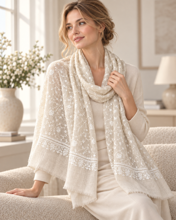 Jaldar Sozni Pashmina Stole — Light cream ivory