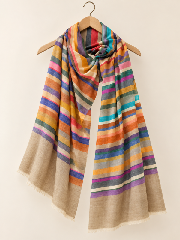 Baby Soft Pashmina Scarf — Rainbow stripe, natural sand with orange, mustard yellow, purple, pink, teal, blue, green, red and grey
